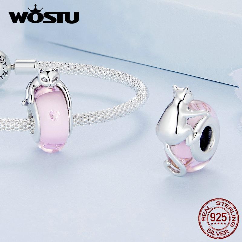 WOSTU 925 Sterling Silver Pink Murano Glass Beads Lovely Cat Pet Charms Fit Original Bracelet DIY Necklace Women Jewelry Making