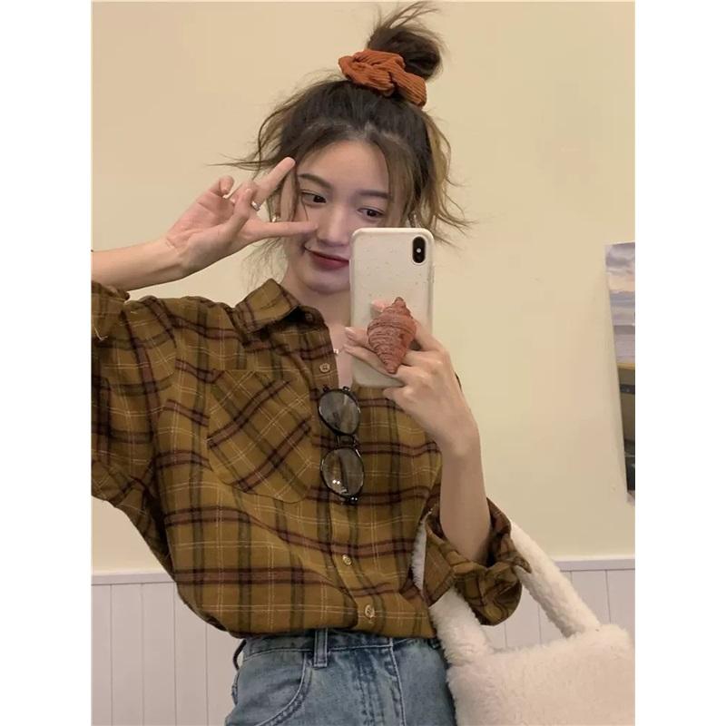 Women's Vintage Plaid Shirt Long Sleeve Loose Casual Button Up Blouse