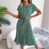 Feng Real Spring/Summer Floral Pleated Skirt with Short Sleeves - Women's European American Style