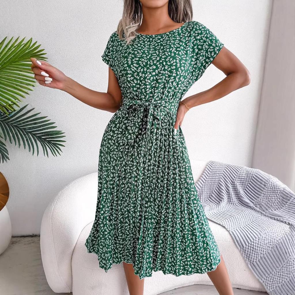 Feng Real Spring/Summer Floral Pleated Skirt with Short Sleeves - Women's European American Style