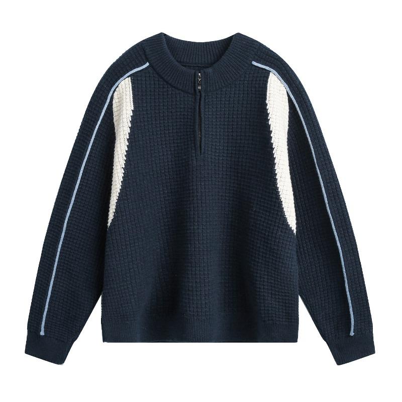 Men S Couple Color Block Half Zip Round Neck Warm Knit Sweater