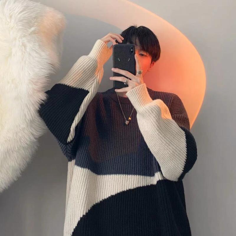Unisex Oversized Crew Neck Knit Sweater Navy Black Beige Color Block Chunky Loose Fit Casual Pullover