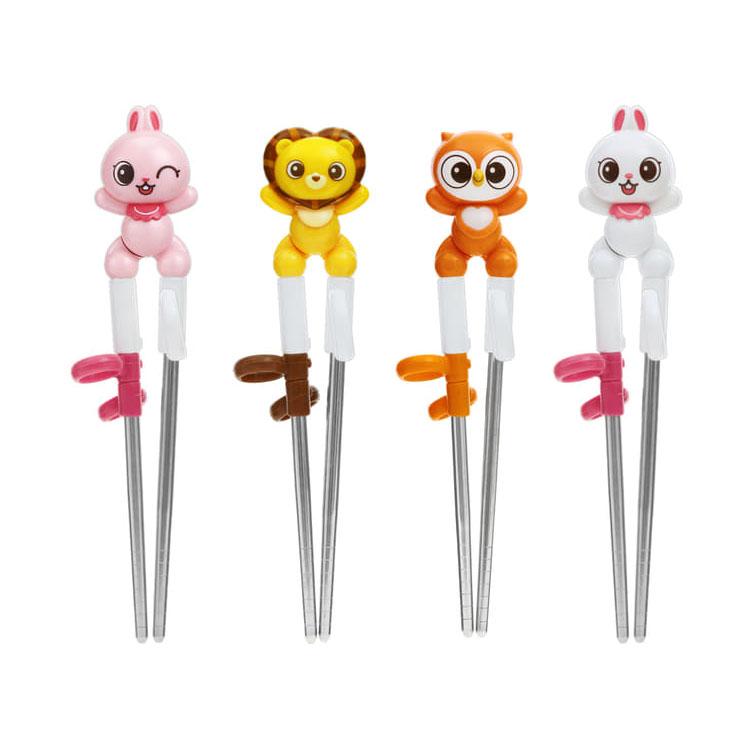 Edison Friends 3D Stainless Training Chopsticks Step 1 Right-Handed – Owl Ollie + Lion Haion + Rabbit Lenny + Pink Bunny Bunny Owl Ollie + Lion Haion + Rabbit Lenny + Pink Bunny