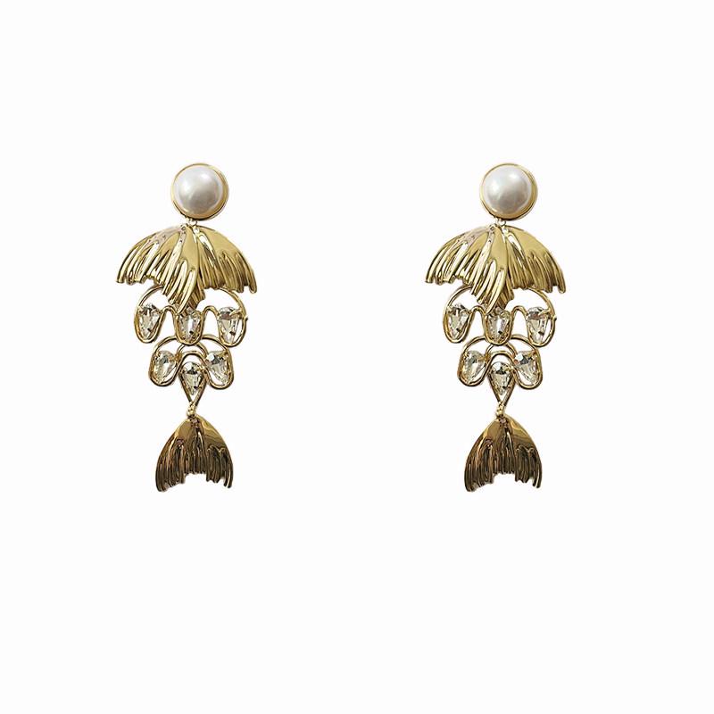 European-American Zirconia Fishtail Tassel Earrings with Pearls - Exaggerated, High-End Light Luxury Design for Women
