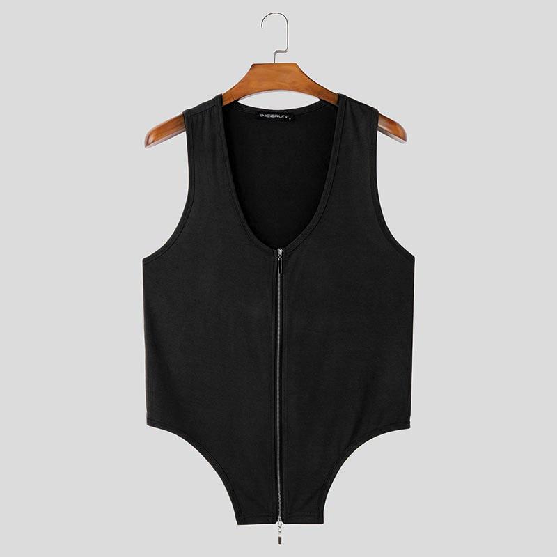

INCERUN Men Summer U Neck Sleeveless Zipper Irregular Fitted Tank Tops S чёрный