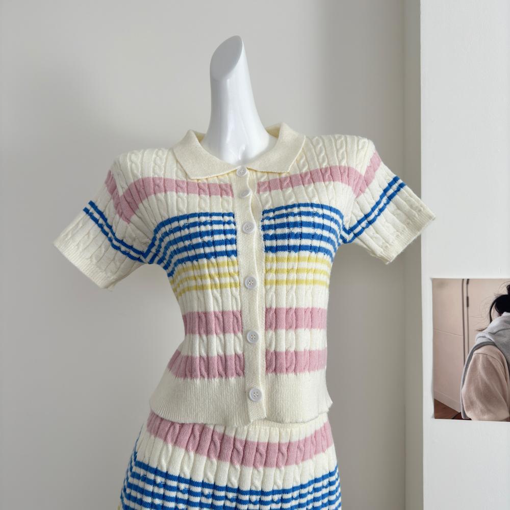 

Свежий и стильный вязаный комплект из двух предметов с принтом кролика: Цветная юбка с отложным воротником для женщин, ранняя весна L (50-55kg)