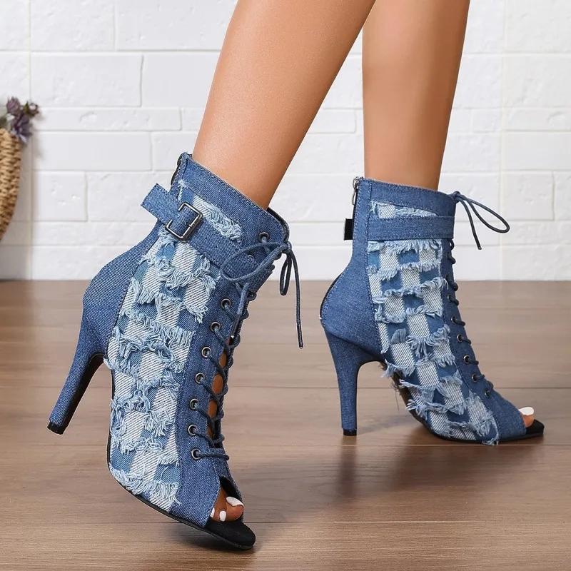 High Heels Jazz Dance 2025 Denim Booties Niche Foreign Style Internet Celebrity Same Short-leg Cool Boots