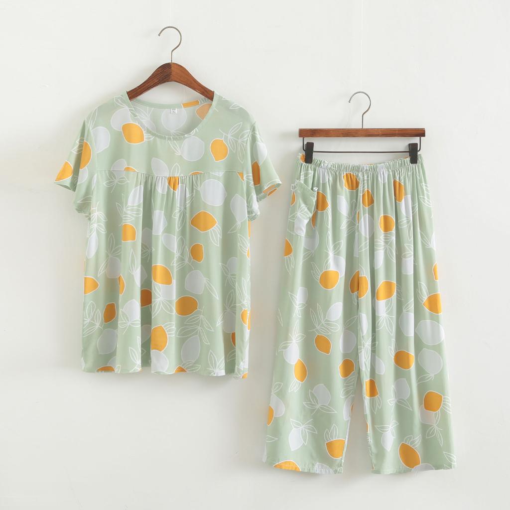 Baumwollseidenset Kurzarm-Caprihose für Damen mittleren Alters und ältere Frauen im Sommer, dünnes Oberteil, cooles Zuhause