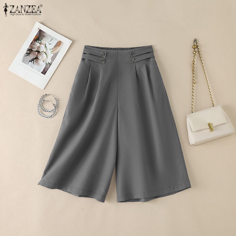 ZANZEA Womens Casual Solid Color Loose A-line Wide Leg Capris Pants
