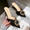 Fashion Luxury Metal Buckle Silk Mules Pump Women Summer Pointy Toe Sexy Twill Sandals Woman Rhinestone High Heel Slippers Women 2025