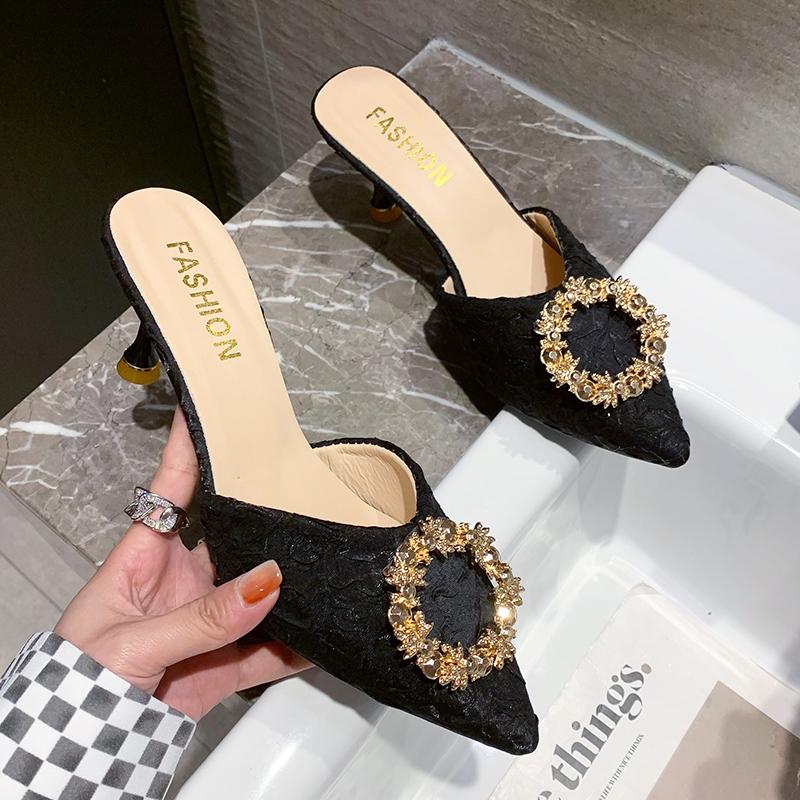 Fashion Luxury Metal Buckle Silk Mules Pump Women Summer Pointy Toe Sexy Twill Sandals Woman Rhinestone High Heel Slippers Women 2025