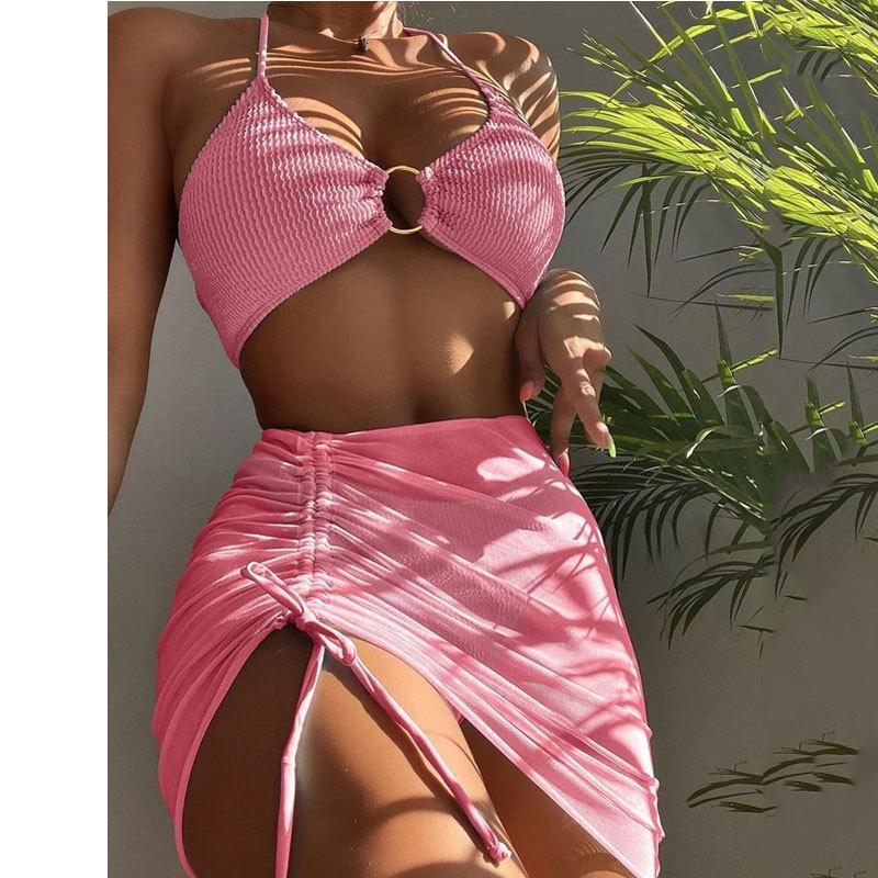 European-American Style Split Swimsuit Women's Body-fitting Solid Color Sexy Swimsuit Neck Hanging Three-piece Bikini Beach Fashion Swimsuit