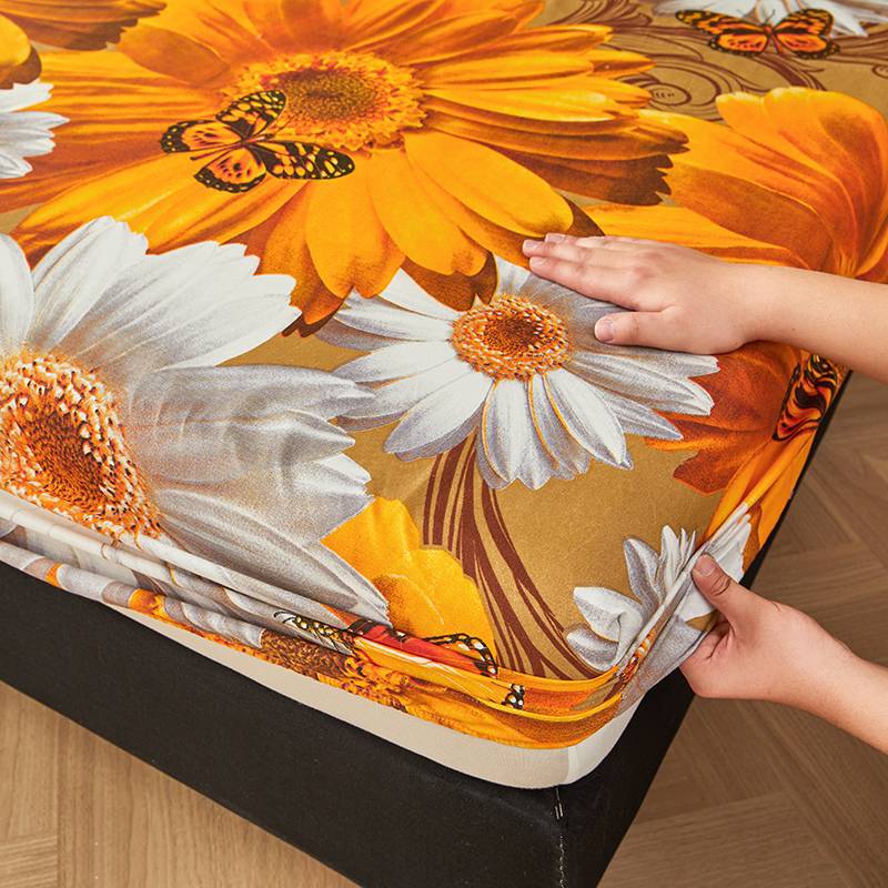 3pcs Golden Sunflower + Butterfly Print Fitted Sheet Set Perfect Fit for Bedroom or Guest Room Use, Bedspread Cover, Mattress Protector, Bedding Set