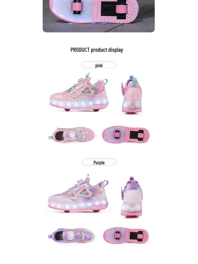 2024 Girls' LED Leather Roller Shoes: Double-Wheel, Removable, Children’s Skating Sneakers