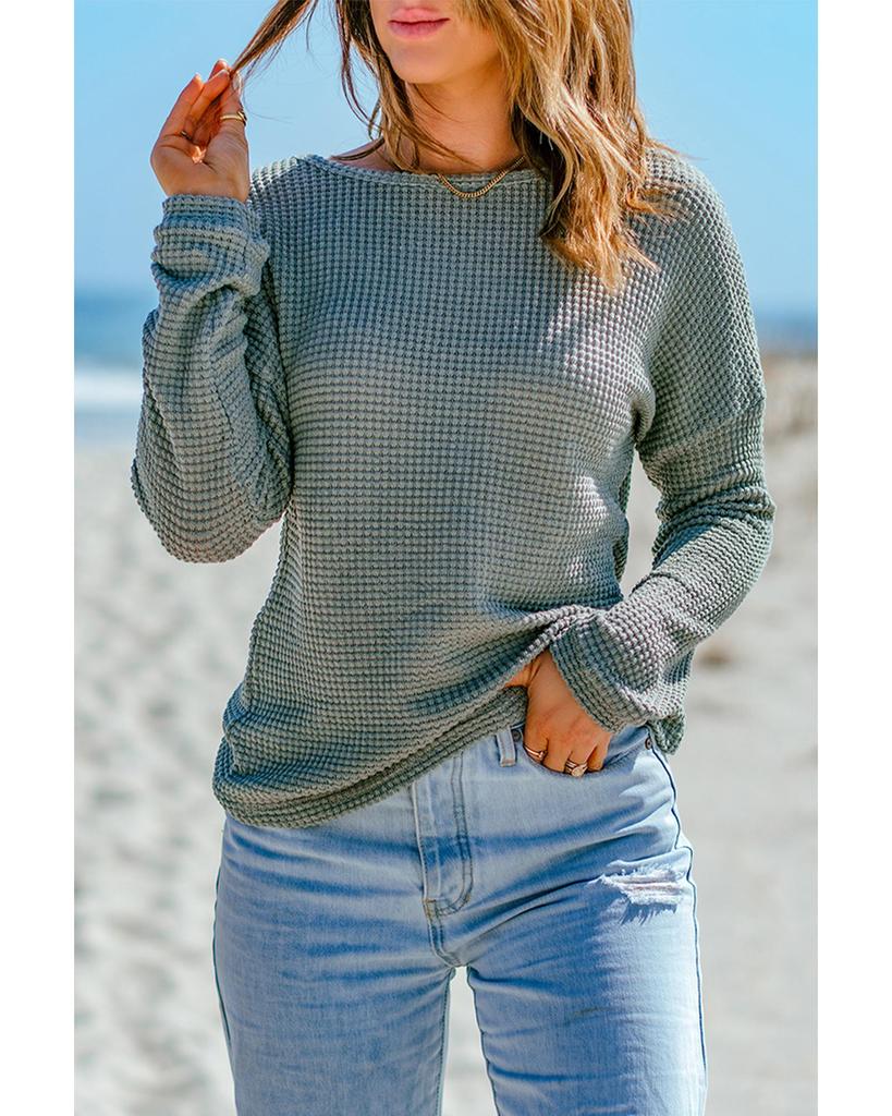 Azura Exchange Drop Shoulder Waffle Knit Long Sleeve Top