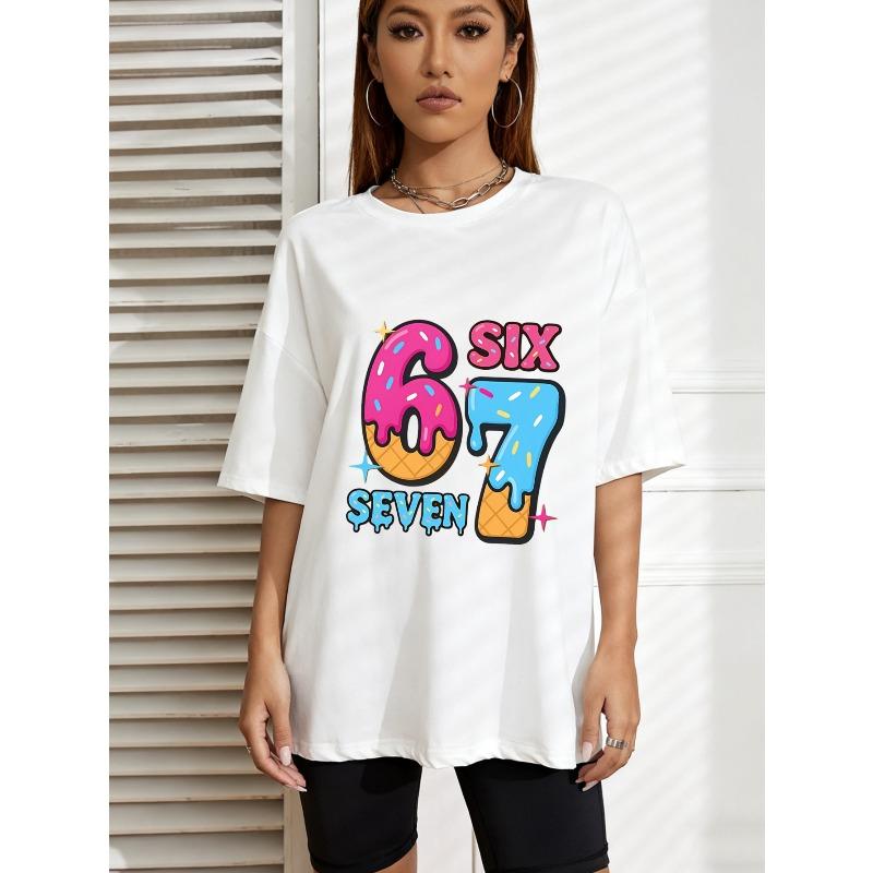 

Белая футболка оверсайз с красочным принтом мороженого и цифрами шесть семь для повседневной носки и уличного стиля XXXXL белый