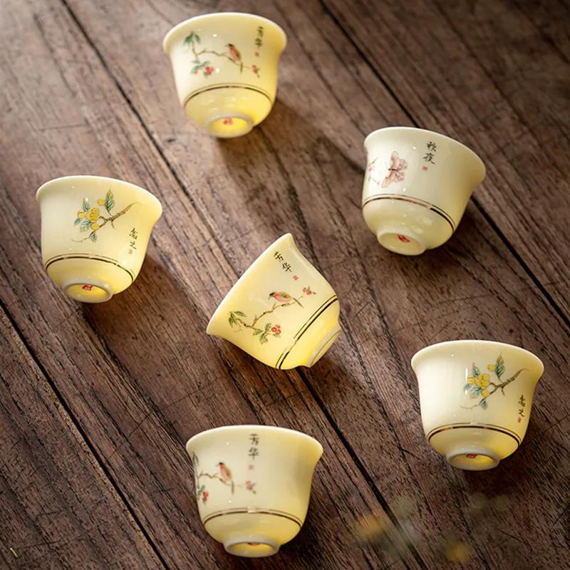 1 Pc Chinese Ceramic Tea Cup Handmade Flower and Bird Pattern Teacup Porcelain Tea Bowl Travel Master Cup Household Teaware