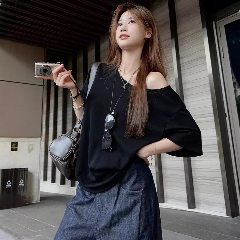 Spicy Girl Asymmetrical Neck Short-Sleeve T-Shirt - Women's Summer 2025 Korean Style Loose Slimming Top