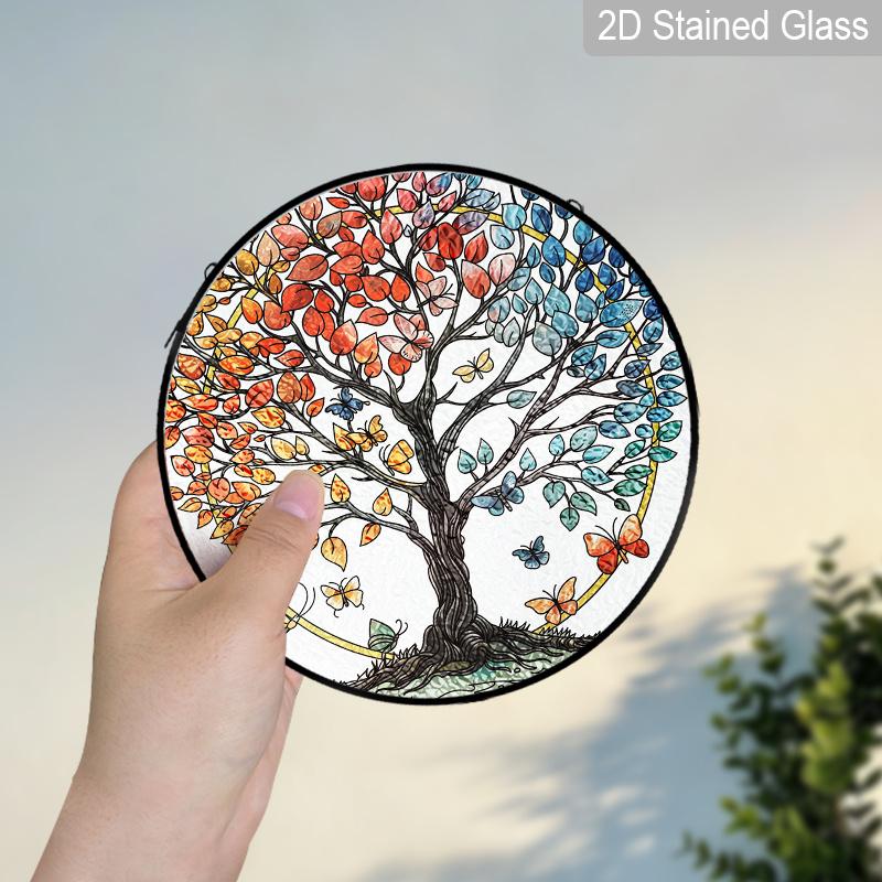 2D Flat Stained Glass Tree of Life Window Decoration, 6.3/7.87inches Colored Glass Plate with Chain, Charming Indoor/Outdoor Sun Catcher Home Garden