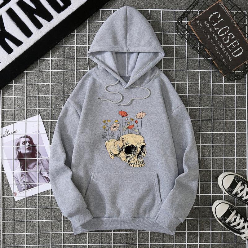Women's Halloween Skull Hoodie: 2026 Autumn/Winter Loose Fit Plus Velvet Long Sleeve