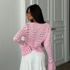 A Design-sense Hollowed-out Spicy Girl Knitted Cardigan In Solid Color, Long-sleeved V-neck, Short Flared Sleeve Top and Blouse