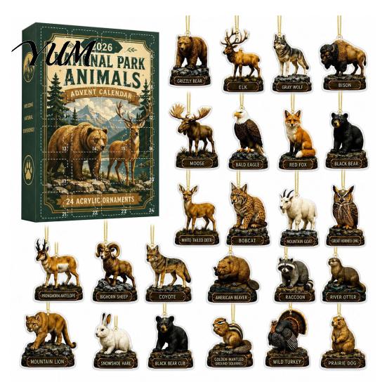 Daily Surprise Countdown Gifts National Park Animal Arrival Calendar, 24 Days Acrylic Figures, Festive Calendar 2D Flat Hanging Ornaments for