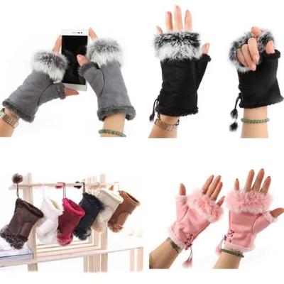 1PAIR Women Fashion Gloves Half Finger Warmer Winter and Autumn Gloves Arm Crochet Knitted Rabbit Hair Mitten Warm Rhombus Artificial Gloves