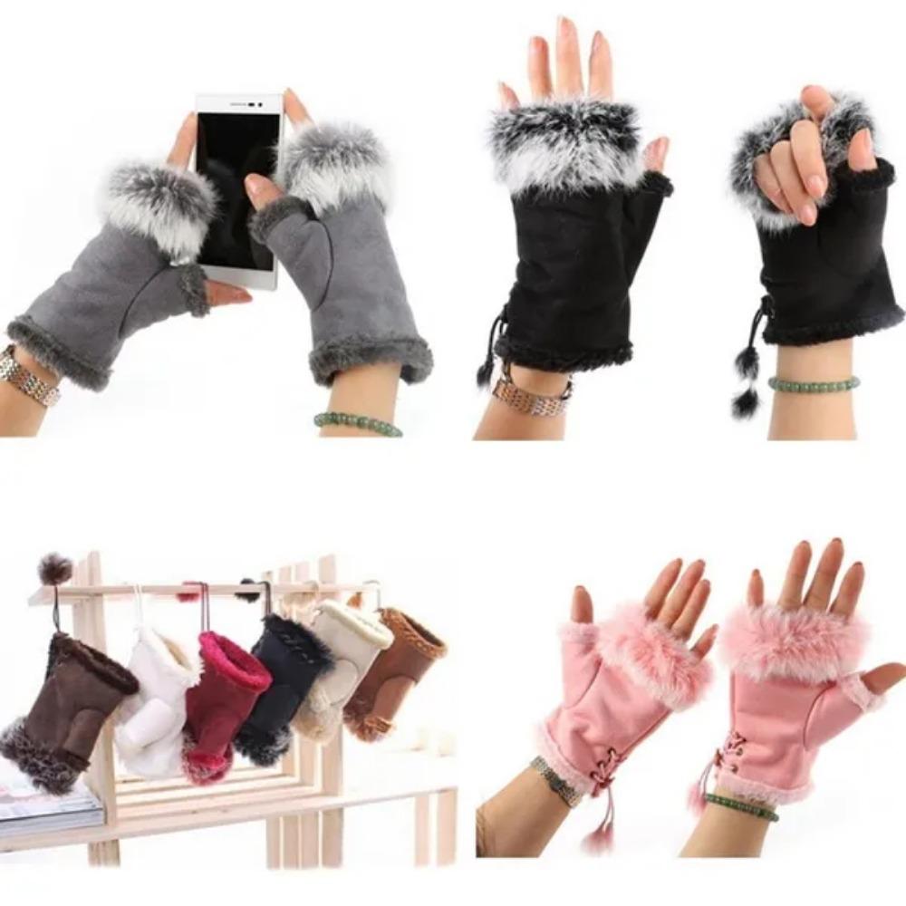 1PAIR Women Fashion Gloves Half Finger Warmer Winter and Autumn Gloves Arm Crochet Knitted Rabbit Hair Mitten Warm Rhombus Artificial Gloves