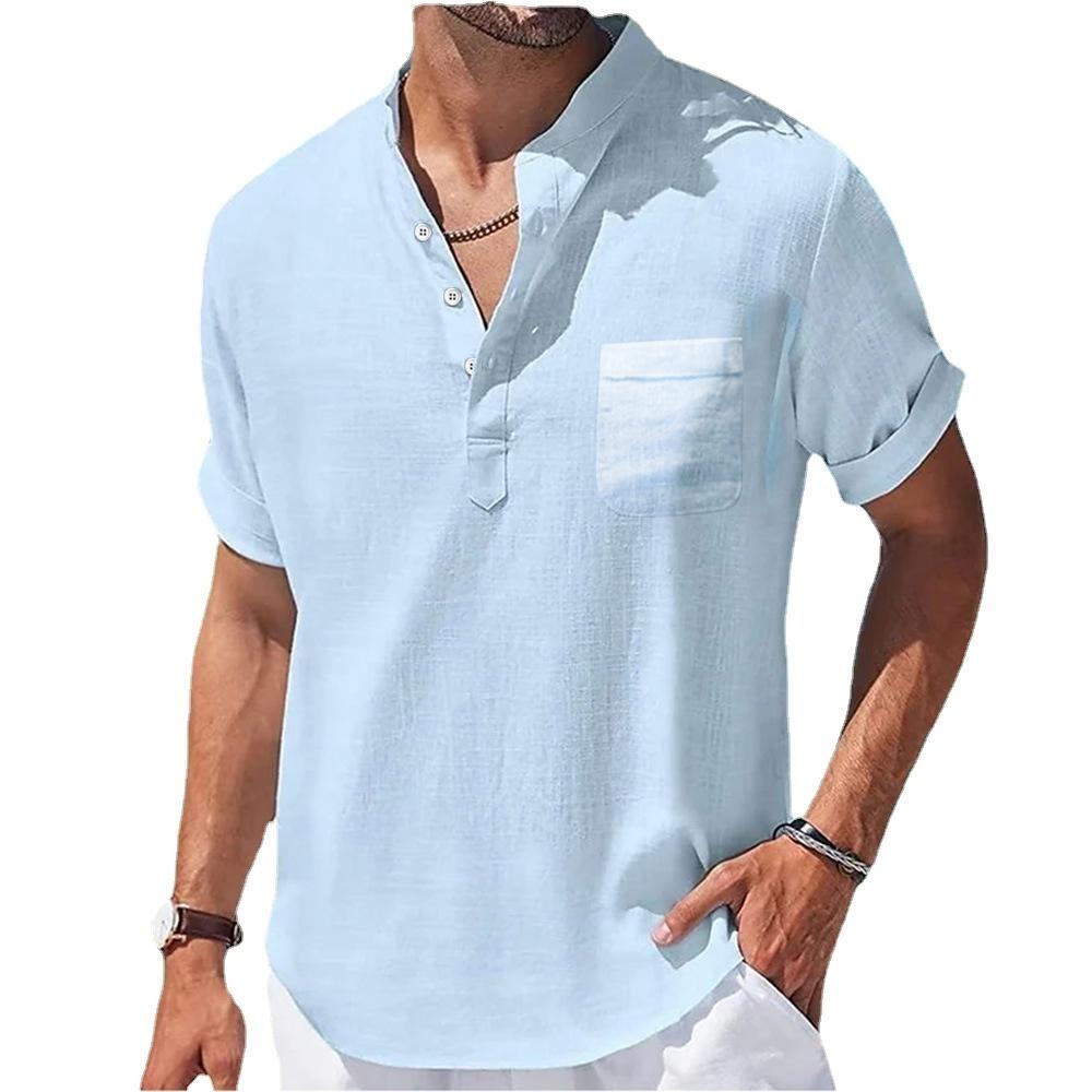 Men's Cotton and Linen Short-sleeved Summer Stand Collar T-shirt Half-cardigan Casual Sports Classic Short-sleeved Shirt