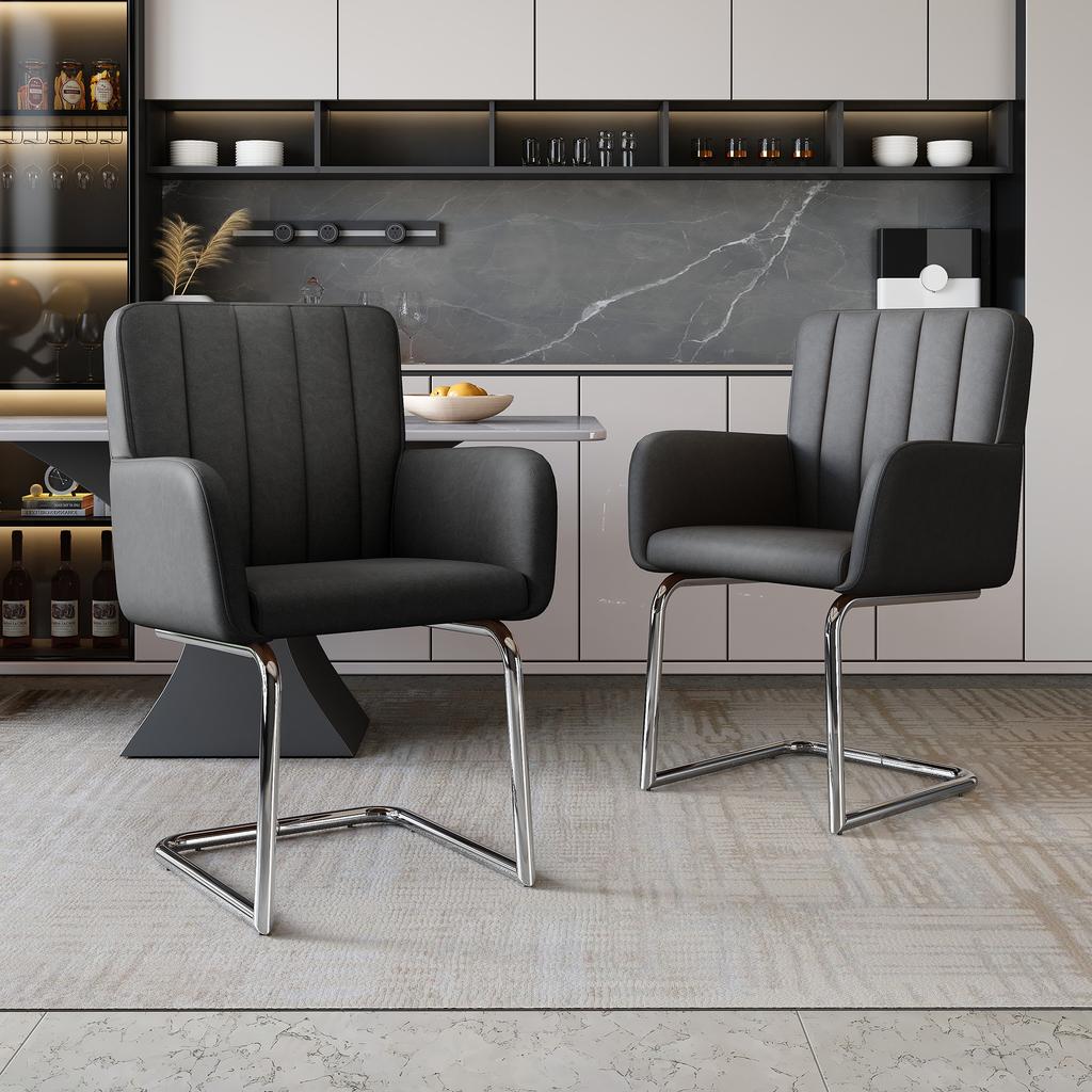 Set of 4 Dining Chairs with Vertical Stripes, Upholstered Armchair with Zigzag-Shaped Metal Legs, Living Room Chair, Faux Leather, Black