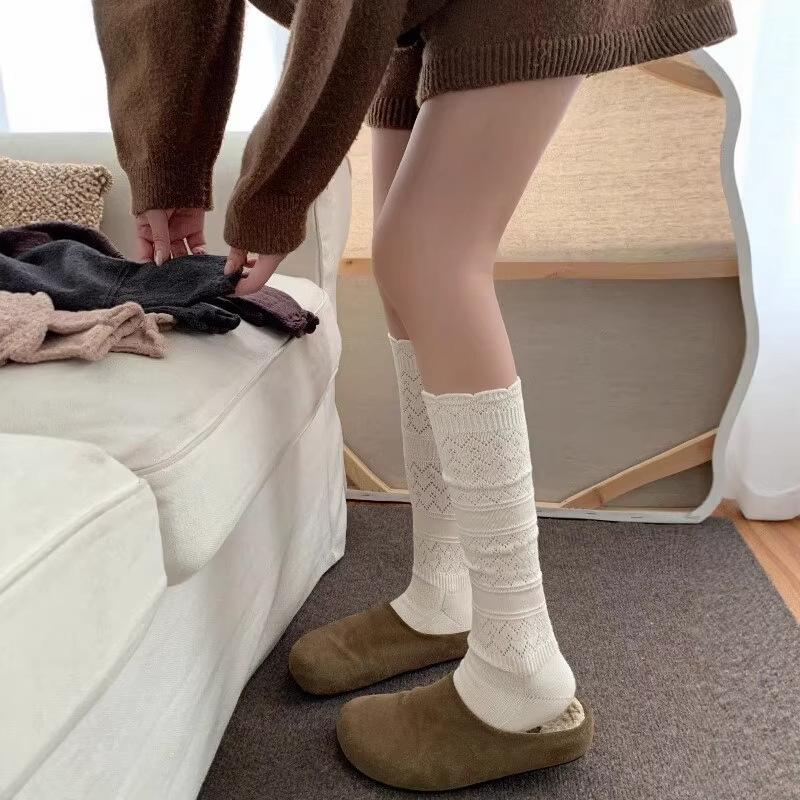 White Lace Wool Calf Socks Women'S Autumn And Winter New Hollow Ballet Style Thin Pile Stockings With Long Boots