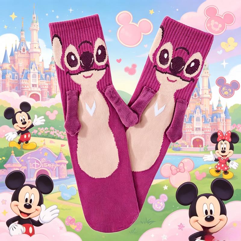 Disney Stitch Halbes Paar Stitch Händchen haltende Socken Rosa und Blaue Farbkombination Mittelhohe Socken Cartoon Paar Socken, Atmungsaktiv und Modisch