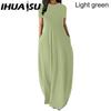 IHUASU Women Casual Loose Long Dress O-Neck Short Sleeve Summer Beach Dress Elegant Party Dress