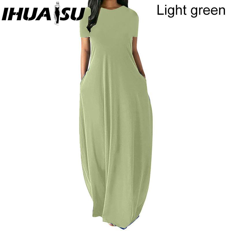 IHUASU Women Casual Loose Long Dress O-Neck Short Sleeve Summer Beach Dress Elegant Party Dress