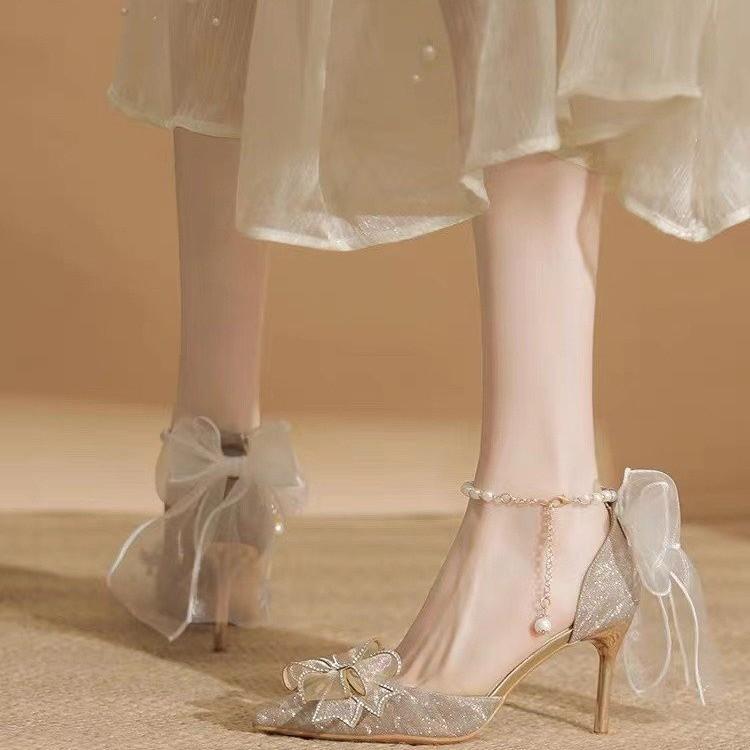 High Heels New Pointed Sequins Bow Hollow Shoes Wedding Shoes Bridal Shoes Pointed Single Shoes