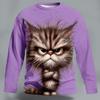 Mens Novelty Messy Hair Cat Graphic Long Sleeve T-Shirt Blue Round Neck Pullover Funny Animal Print Streetwear Clothing Apparel