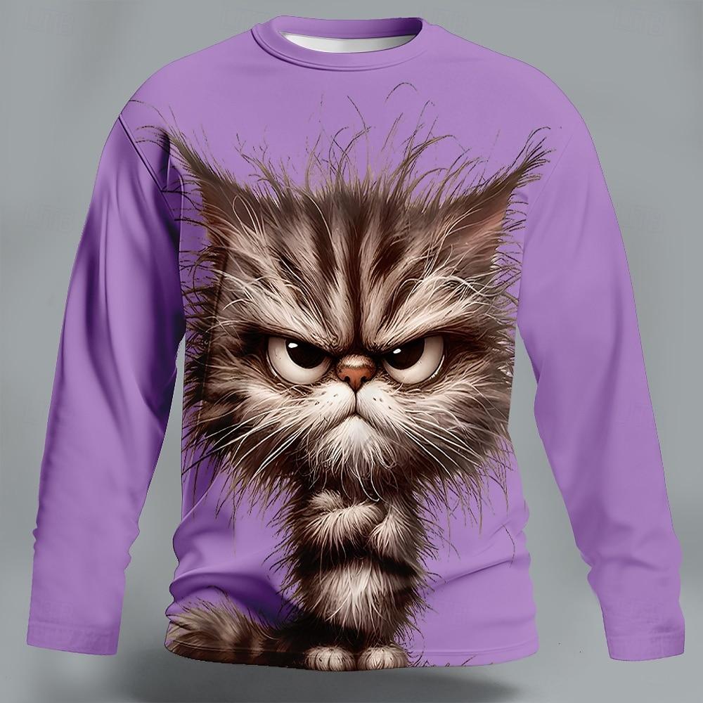 Mens Novelty Messy Hair Cat Graphic Long Sleeve T-Shirt Blue Round Neck Pullover Funny Animal Print Streetwear Clothing Apparel