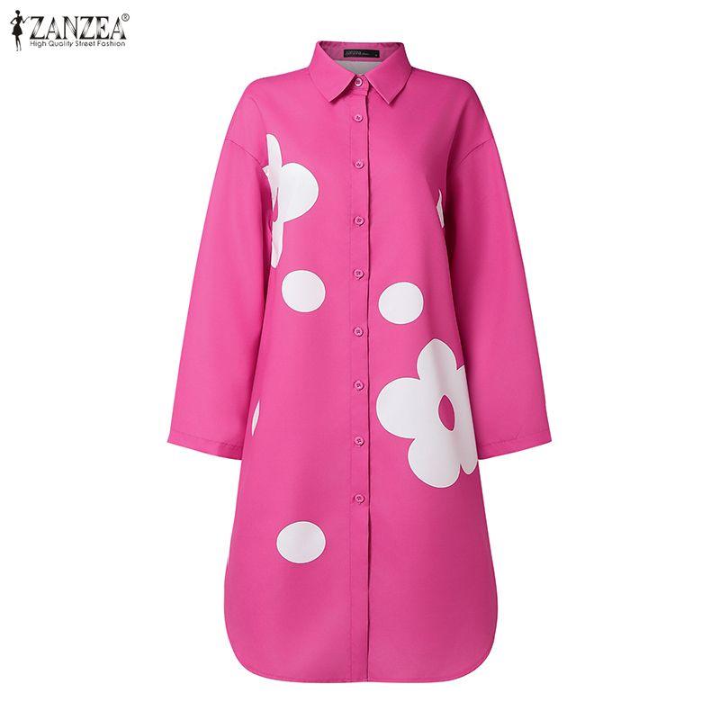 ZANZEA Women Casual Turn Down Collar Long Sleeve Floral Print Loose Shirt Dress