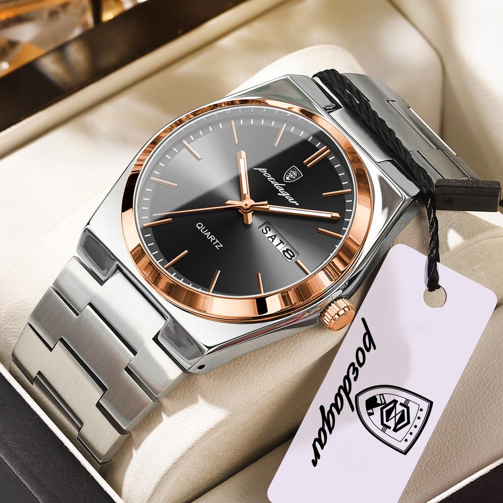 POEDAGAR Luxury Casual Man Wristwatch Waterproof Stainless Steel Luminous Men Clock Date Week Fashion Quartz Men's Watches Reloj