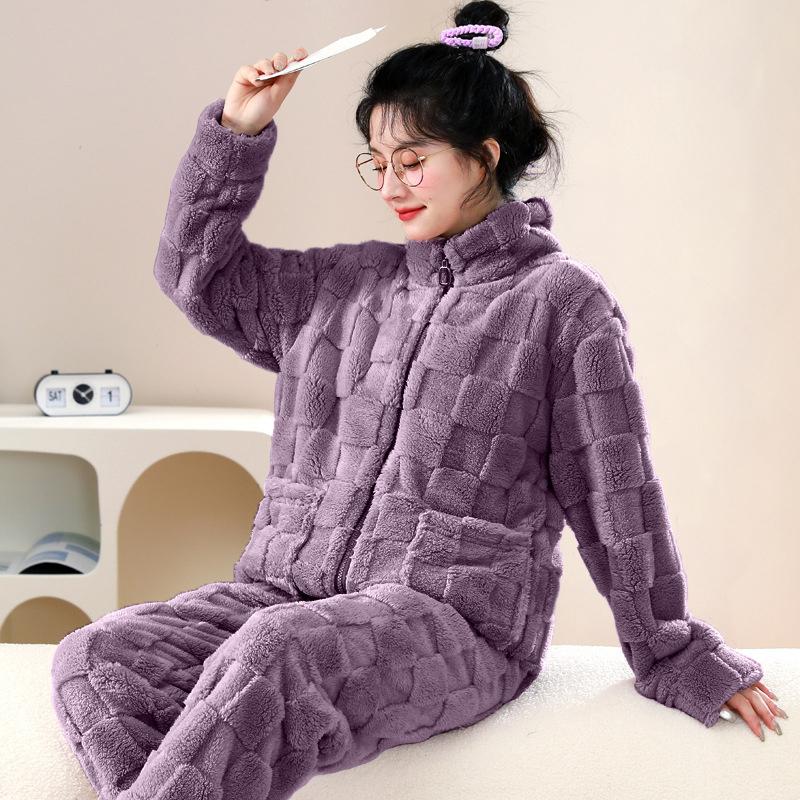 Flannel Thickened Velvet Pajamas Set Winter Long-sleeved Coral Velvet Pajamas for Women Warm Simple Solid Color Home Clothes