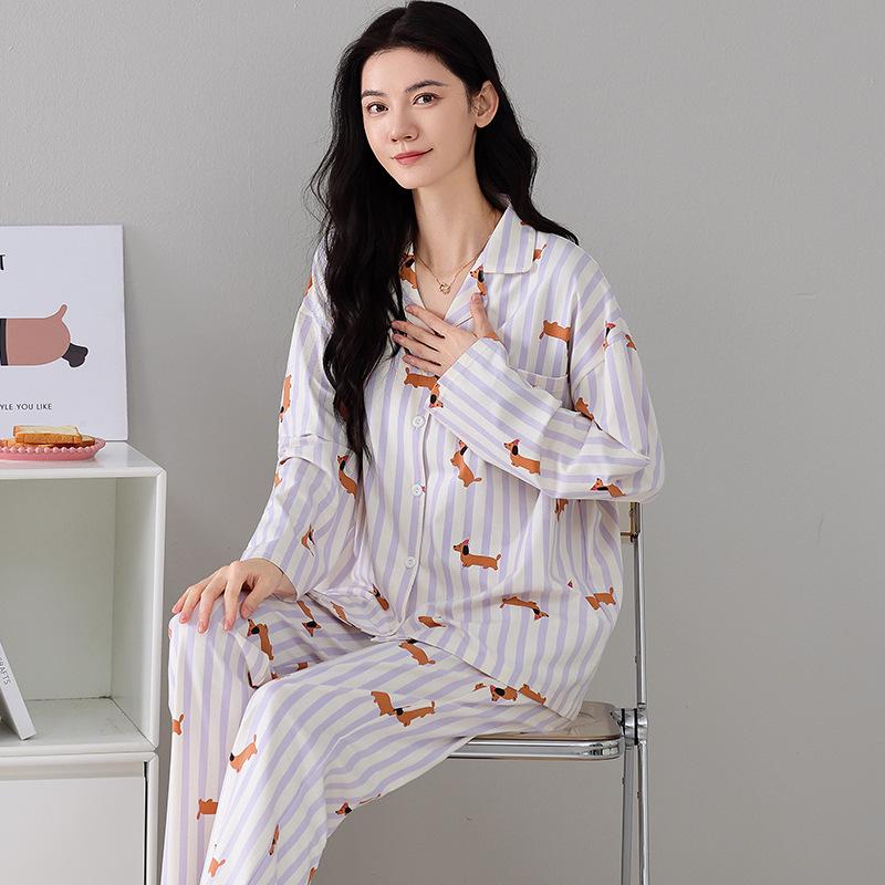 

Женский хлопковый пижамный комплект 2025: Милый мультяшный лонгслив, для ношения весной/осенью, универсальный для дома/улицы Medium