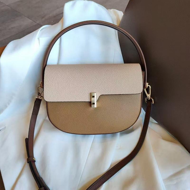 Genuine Leather Women s Bag First-layer Cowhide Color Matching Saddle Texture All-matching Niche Single-shoulder Cross-arm 21.5x16.5x7CM