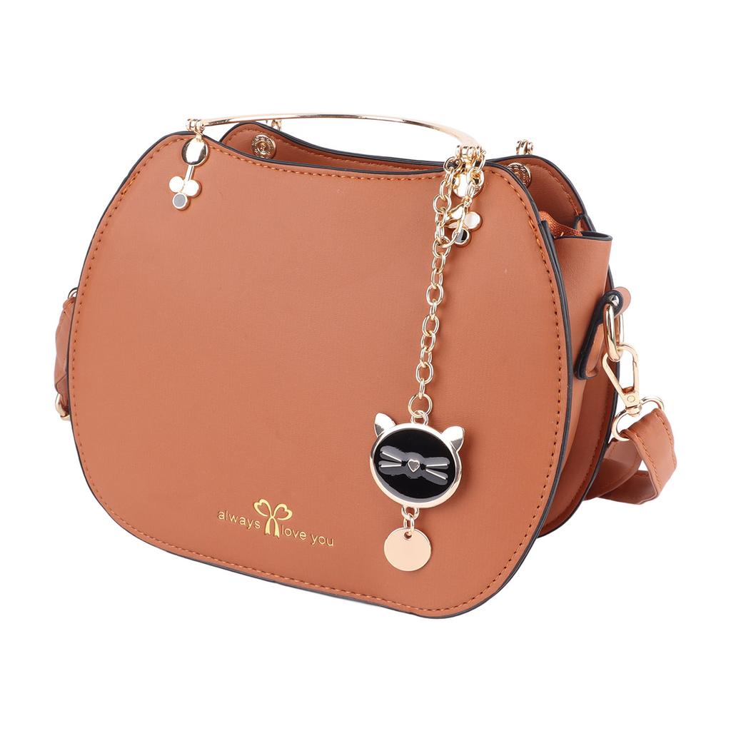 Woman Fashion Handle Bag with Adjustable Straps Cute Animal Pendant Decorations PU Leather Shoulder Bag Deep Yellow