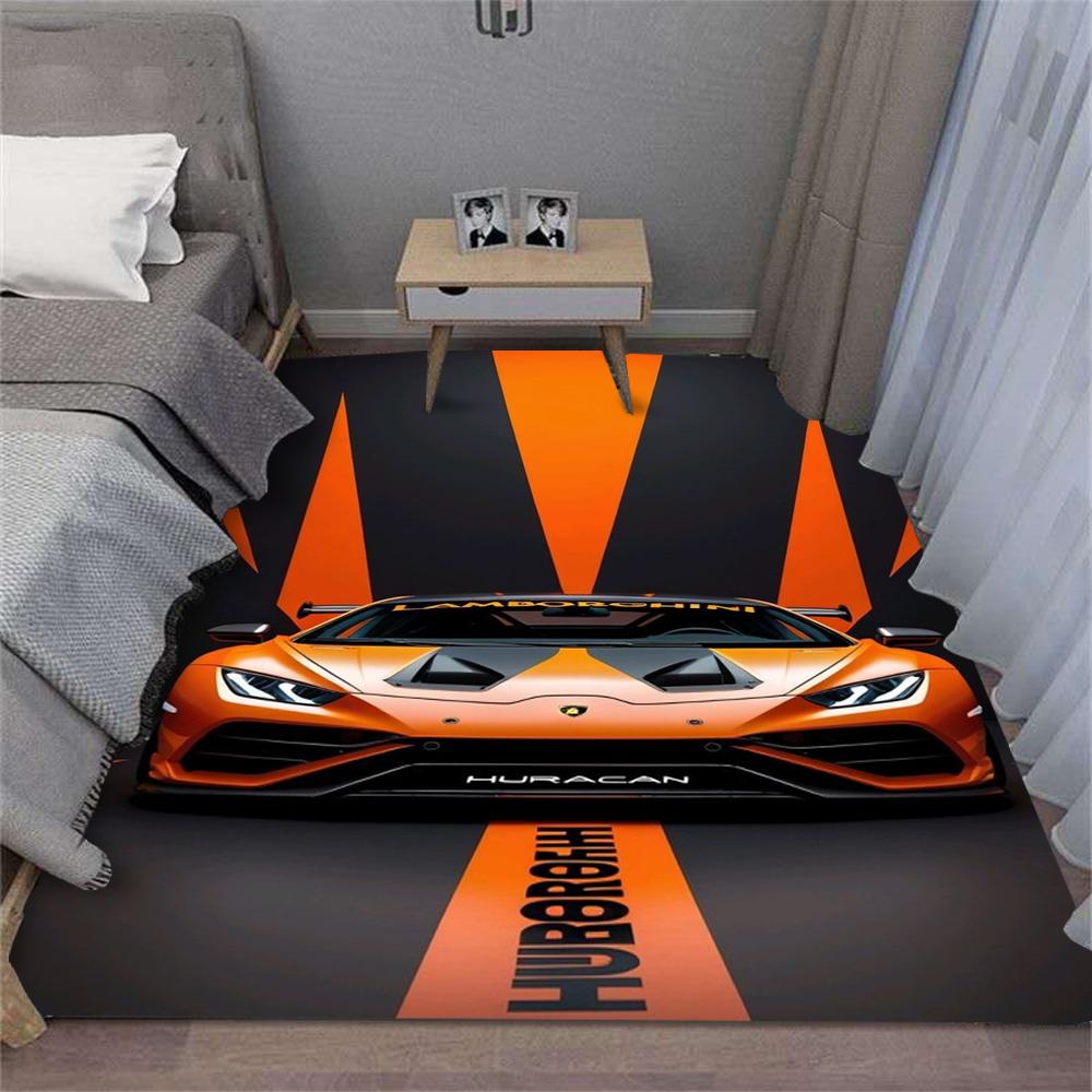 Turuncu Yarış Arabası Halısı Spor Araç Tasarımı Dinamik Desen Geniş Alan Halısı Yatak Odası Oturma Odası Zemin Matı