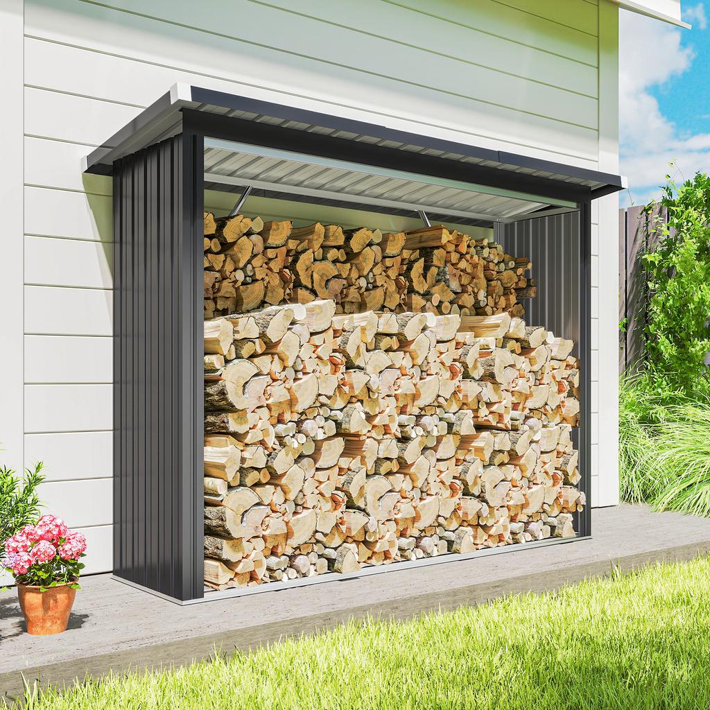 Firewood Shed. Firewood Shelter. Steel. Raised Floor. Sloping Roof. 213 X 66.5 X 150 Cm. Dark Gray