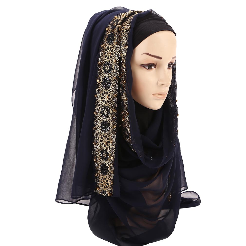 Chal de Gasa con Encaje para Mujer, Hijab Musulmán Bordado Elegante, Pañuelo para la Cabeza de Moda Modesta