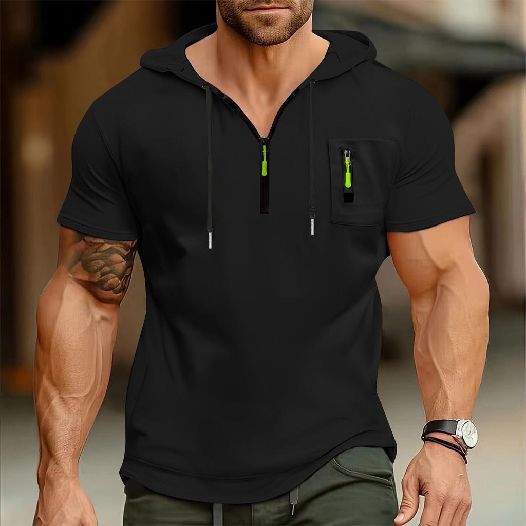 Men's Summer Shirt Zipper Pocket Short Sleeve Hooded Sweatshirt Men's Sports Large Size Casual Sweatshirt