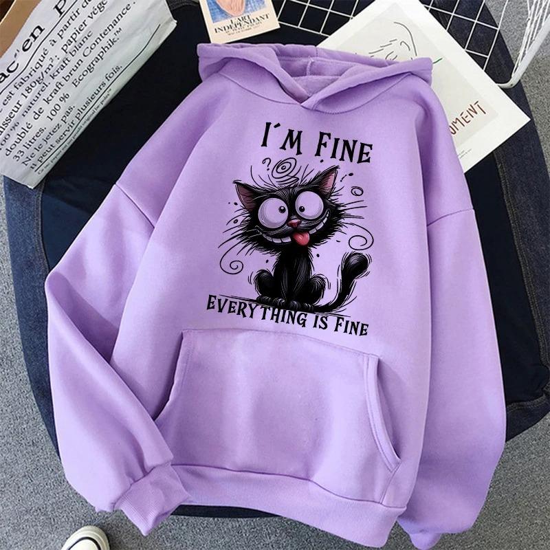 Unisex 2025 Autumn Winter Y2k Sweatshirts Casual Hooded Clothes Kawaii Pullovers I'm Fine Everything Is Fine Sarcastic Cat Printed Tops