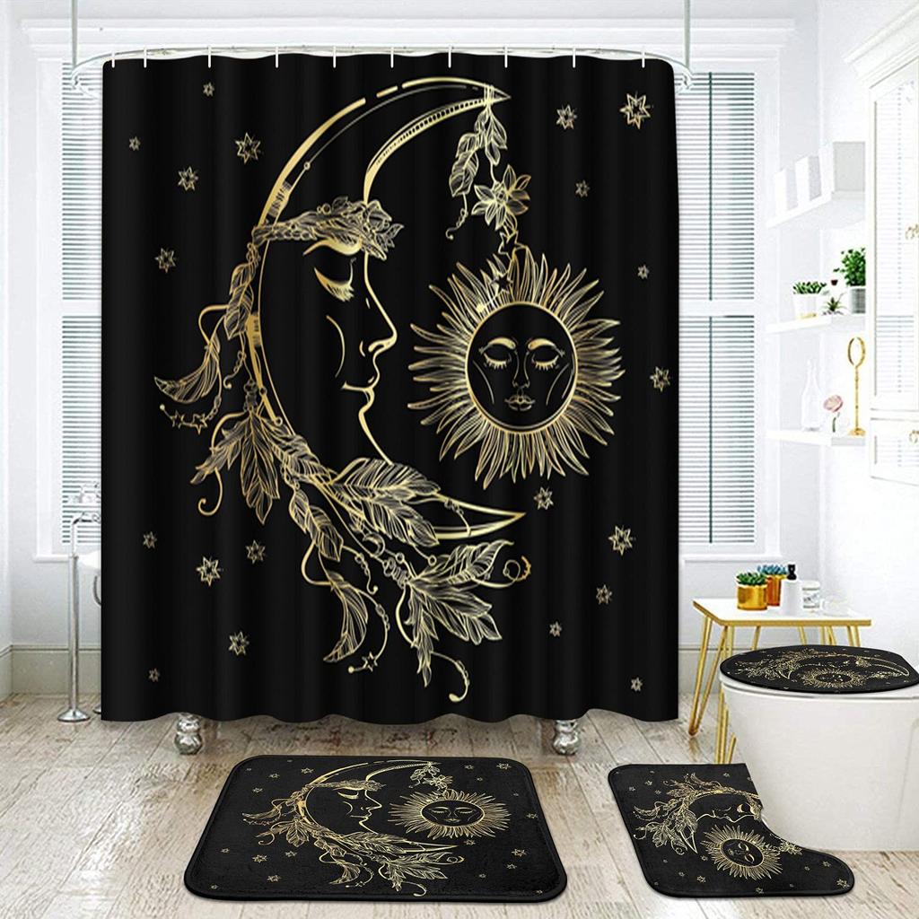 Moon Phase Moonlit Shower Curtain Set Black Celestial Flower Floral Herbs Ivy Surrounded Vines Toilet Lid Cover Bath Mat Rug Set
