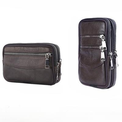 Hakiki Deri Erkek Bel Çantası, Çift Fermuarlı Çoklu Fermuarlı Telefon Kılıfı Belt Bag Seyahat, Günlük Kullanım İçin